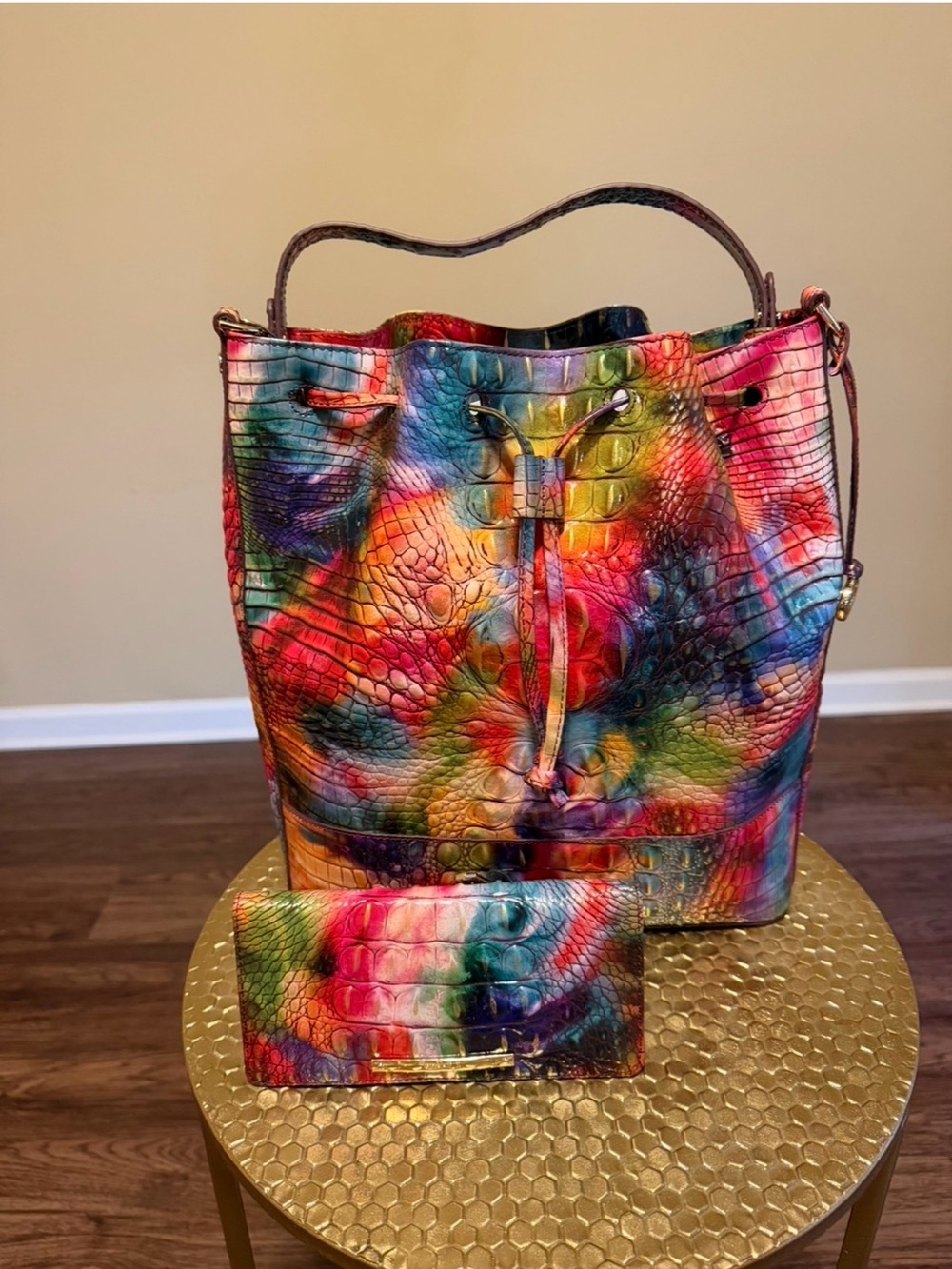 Fallstruck Multicolor Croc-Embossed Drawstring Bucket Bag with Matching Wallet